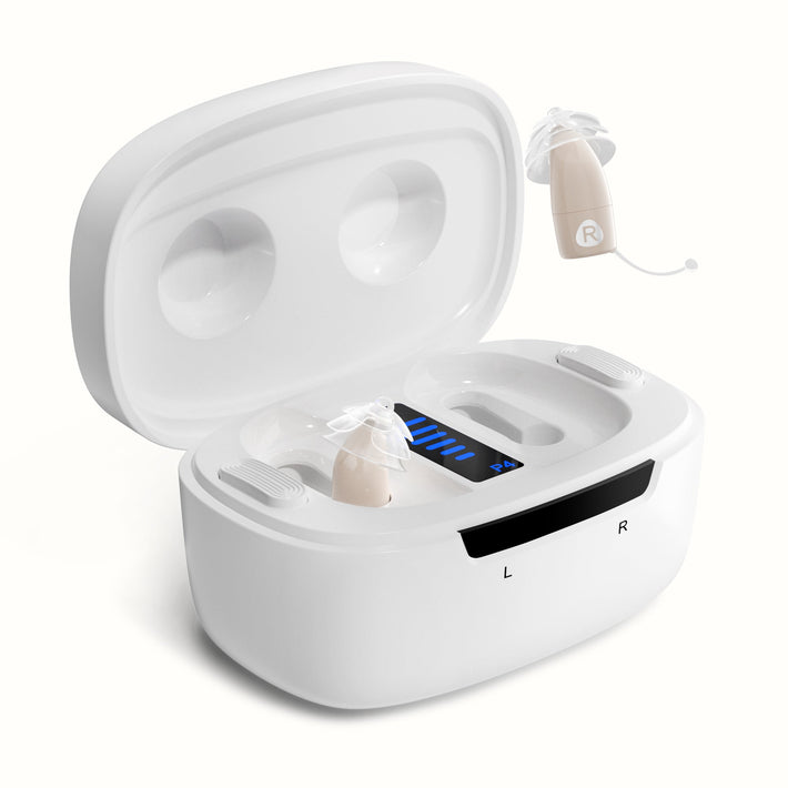 Beige hearing aid Core One Pro with charging case